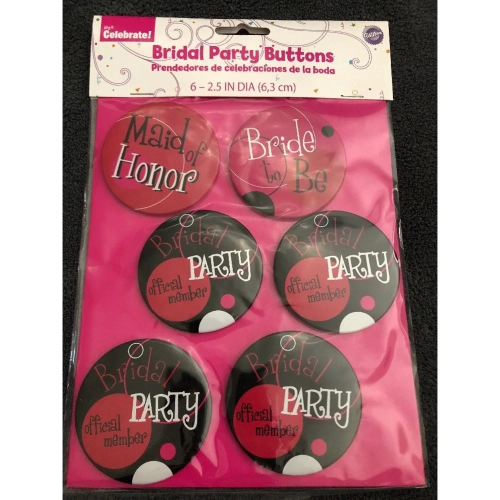 6 pc Wilton Wedding Bridal Party Favor Buttons Bachlorette Bride Maid of Honor